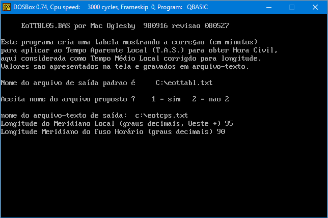 Figure 2: Equation of Time Table Dialogue Screen