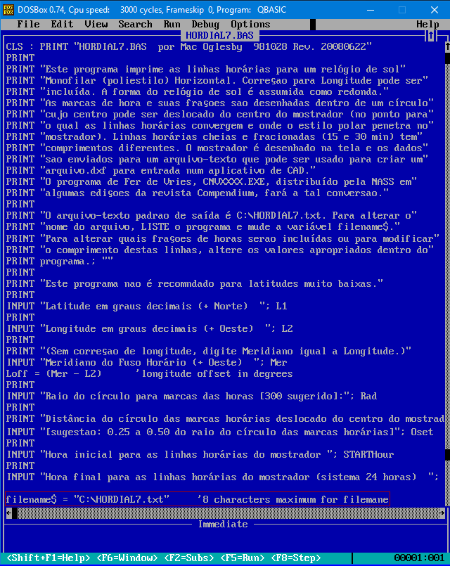 Figure 2: Horizontal Monofilar Sundial QBASIC Program