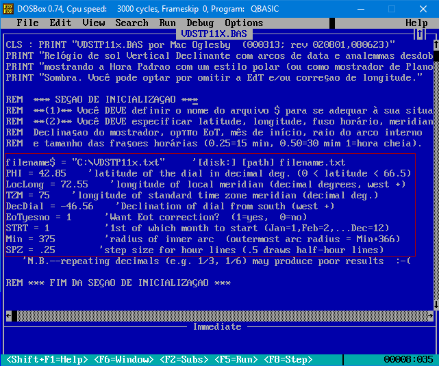 Figure 2: Vertical Declining Monofilar Standard Time Sundial QBASIC Program