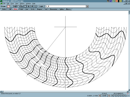 Figure 5: Vertical Declining Monofilar Standard Time Sundial DXF File Opened in DeltaCad